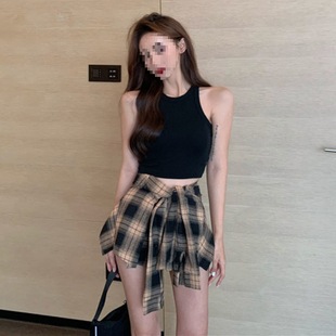 Hot Girl Suit Women's Summer New Korean Style Slimming Vest Top Irregular Plaid Shorts Skirt Two-Piece Set