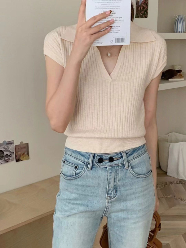 纯欲polo领辣妹设计感短袖上衣女装夏季新款独特别致绝美针织T恤|undefined