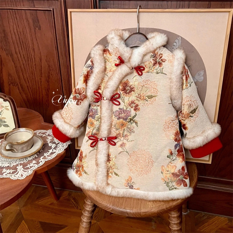 Invierno de 2025 Peonia Redonda Estrella de Niñas Nuevo brocado chino flores estilo nacional engrosado vestido de Año Nuevo moda