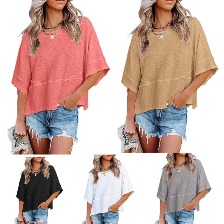 2026 Amazon Cross-Border Summer New European and American Style Patchwork Solid Color Round Neck Loose Top T-Shirt with Five-Point Flared Sleeves 2026 Amazon Cross-Border Summer New European and American Style Patchwork Solid Color Round Neck Loose Top T-Shirt with Five-Point Flared Sleeves