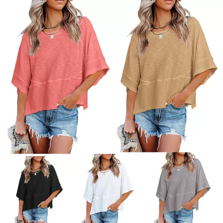 2025亚马逊跨境夏季新款欧美拼接纯色圆领五分喇叭袖宽松上衣T恤