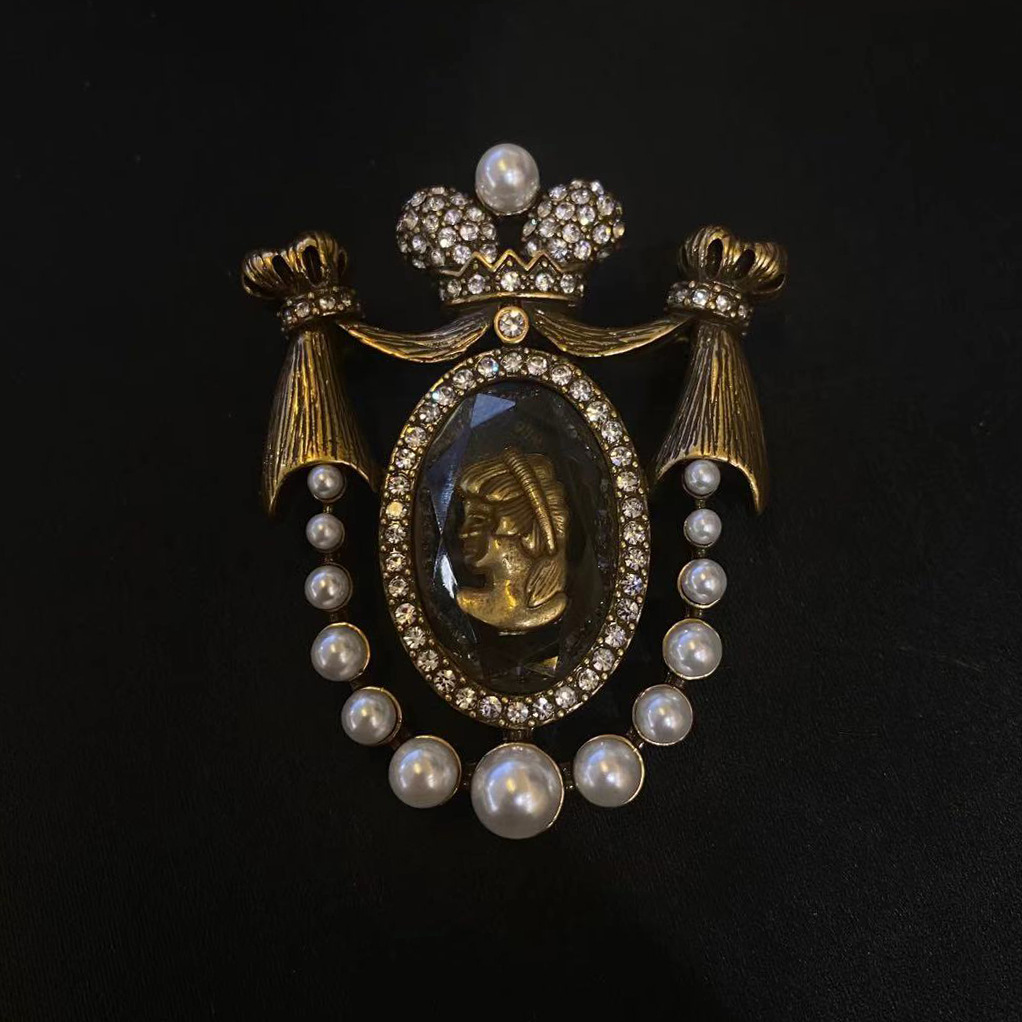 vintage中古奢华宫廷珍珠美人头镶钻胸针巴洛克古董胸针