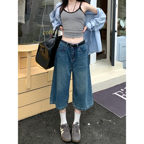 Vintage Cowboy Women's Summer Thin High-Waisted Loose Slimming Plus Size Straight Leg Wide Leg Over-Knee Seven-Eighth Pants