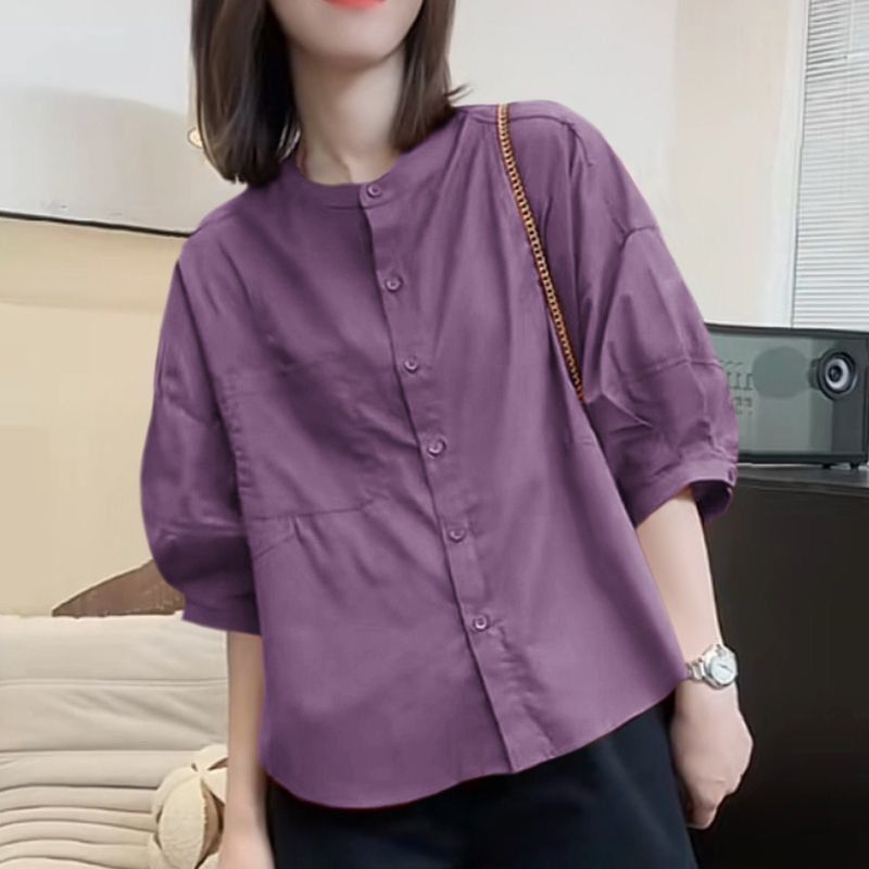 Thin Pure Cotton Mid-Sleeve Shirt for Women 2025 Summer New Puff Sleeve Shirt Round Neck Loose Slimming Style Top
