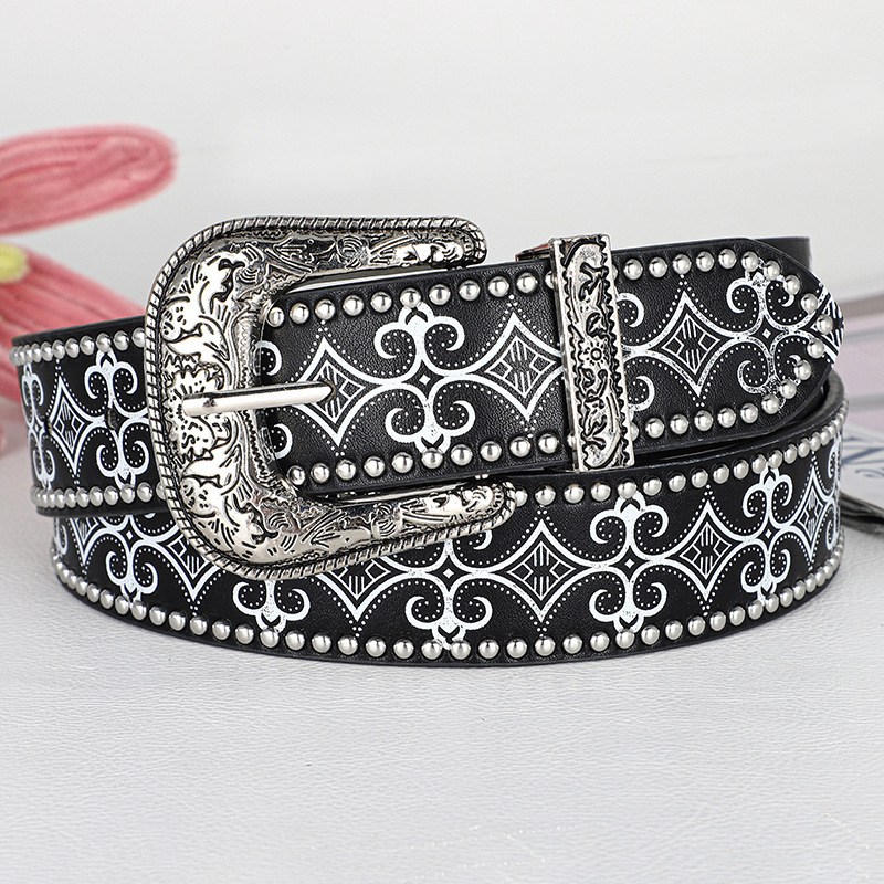 American Retro Punk Style Belt, Western Fashion, Carved Buckle, Beaded Embossed Leather Belt, Unisex Jeans Belt