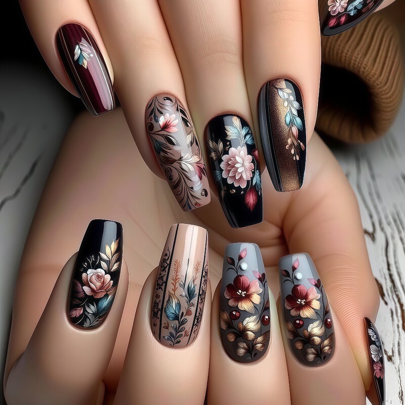 Ins Hot Selling European and American Wearable Nails Autumn and Winter Dark Manicure Pink Flower Branches Fake Nail Patch Tc-16