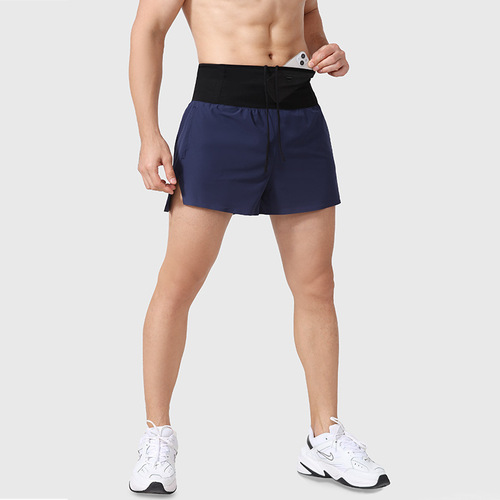High-waist pocket waterproof sports shorts for men quick-drying breathable marathon running fitness training nylon three-quarter pants for men