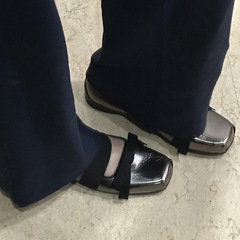 トップ層牛革 ~ 蝶結び本革銀色メアリージェーンシングル靴女性角頭厚い靴バレエ靴