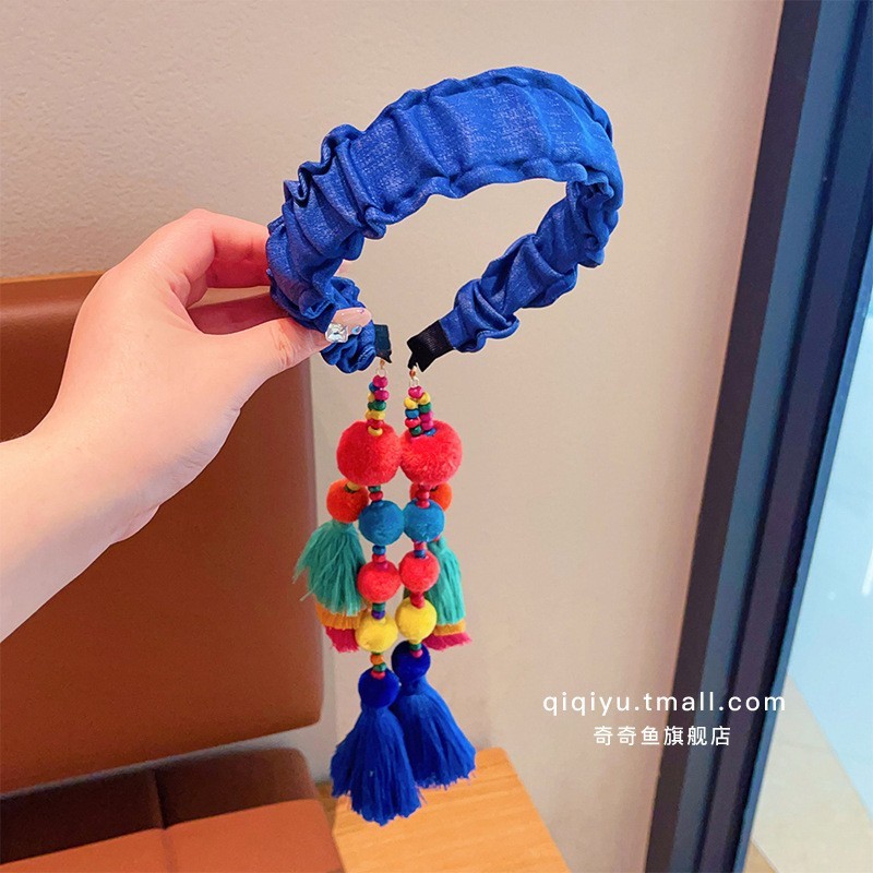 子供のレトロ人気のヘアプレスヘッドバンドヘアバンド女の子のエスニックスタイルのヘアアクセサリー 2025 新しいファーボールタッセルヘッドバンド女性|undefined