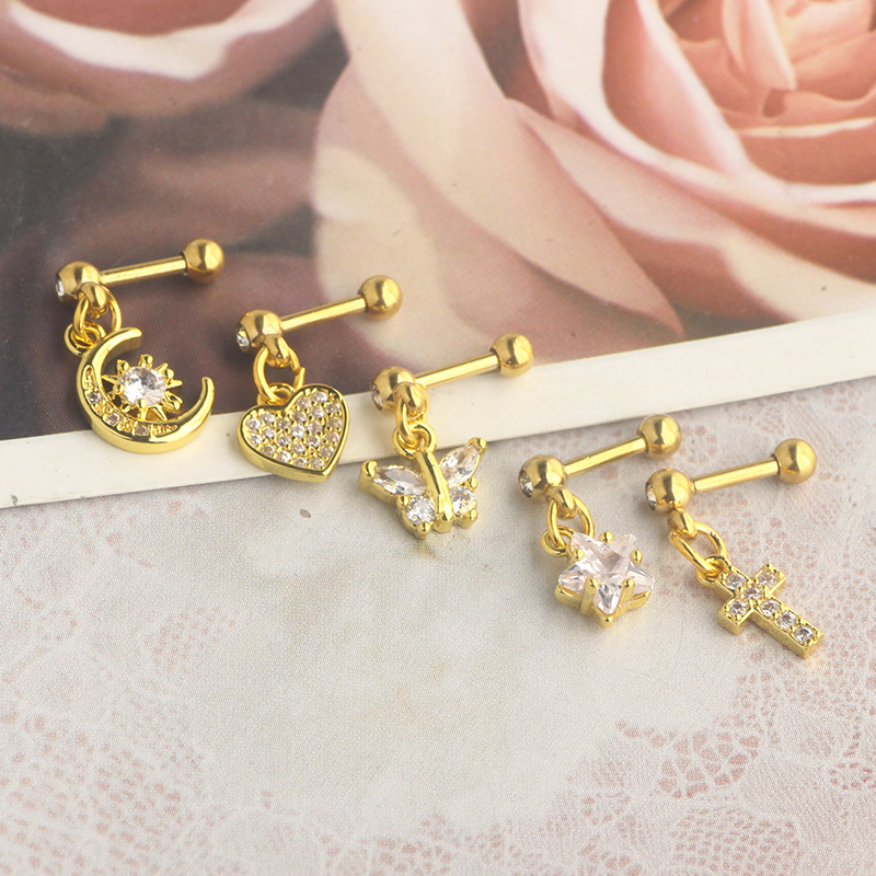 Titanium Steel Micro-Inlaid Zircon Crown Star Ear Nail Screw Ball Earrings - European American Piercing Jewelry detail image 13
