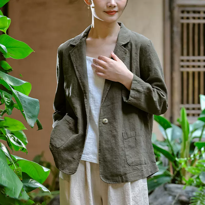 25秋季新品棉麻女装文艺休闲砂洗上衣外搭女式西服领苎麻短款外套