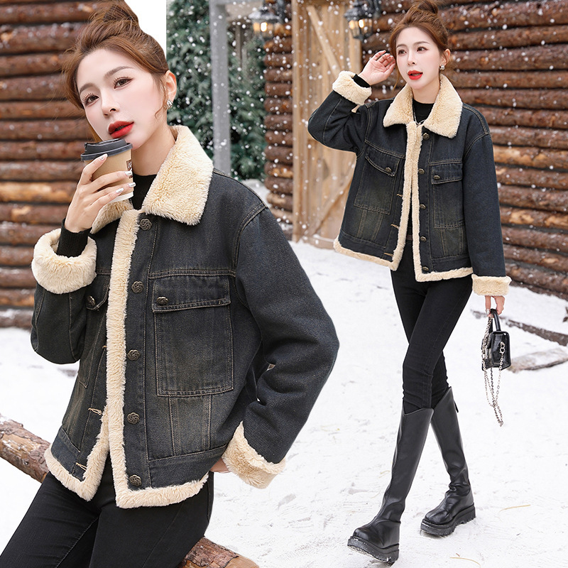 Lamb Wool fleece-lined Denim Jacket Women's Autumn and Winter New Retro Hong Kong Style Loose Thickened Cotton-padded Coat Lamb Wool fleece-lined Denim Jacket Women's Autumn and Winter New Retro Hong Kong Style Loose Thickened Cotton-padded Coat