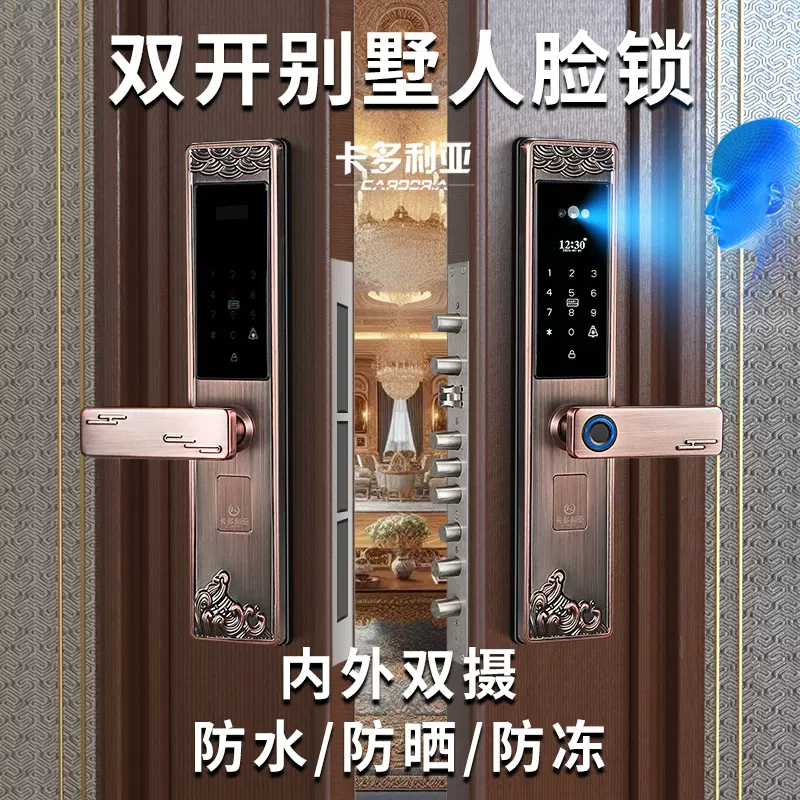 3D人脸全自动户外防水别墅双开门智能锁人脸掌静脉农村指纹密码锁
