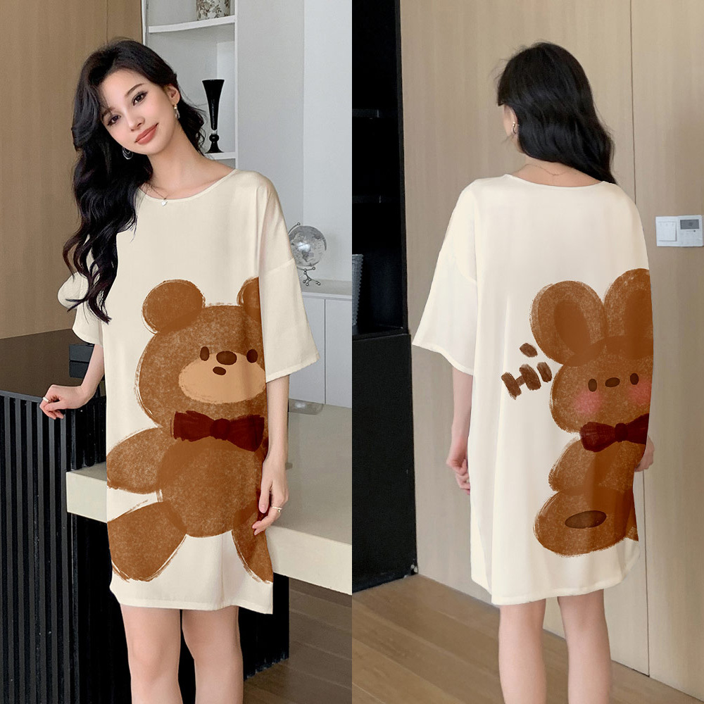 Yaoting pijama de mujer encantador viento impresión digital satén chiffón collar redondo pijama de manga corta SQ2273