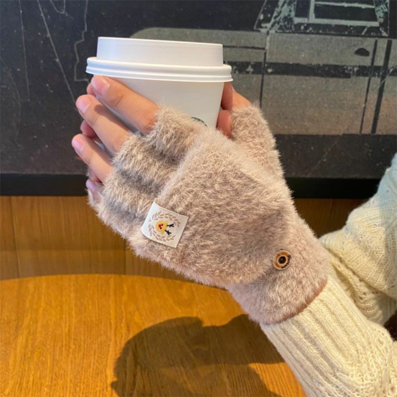Invierno de las mujeres cálido forrado de lana engrosada estudiante escritura de moda montar lindo punto medio dedo flip guantes de dibujos animados