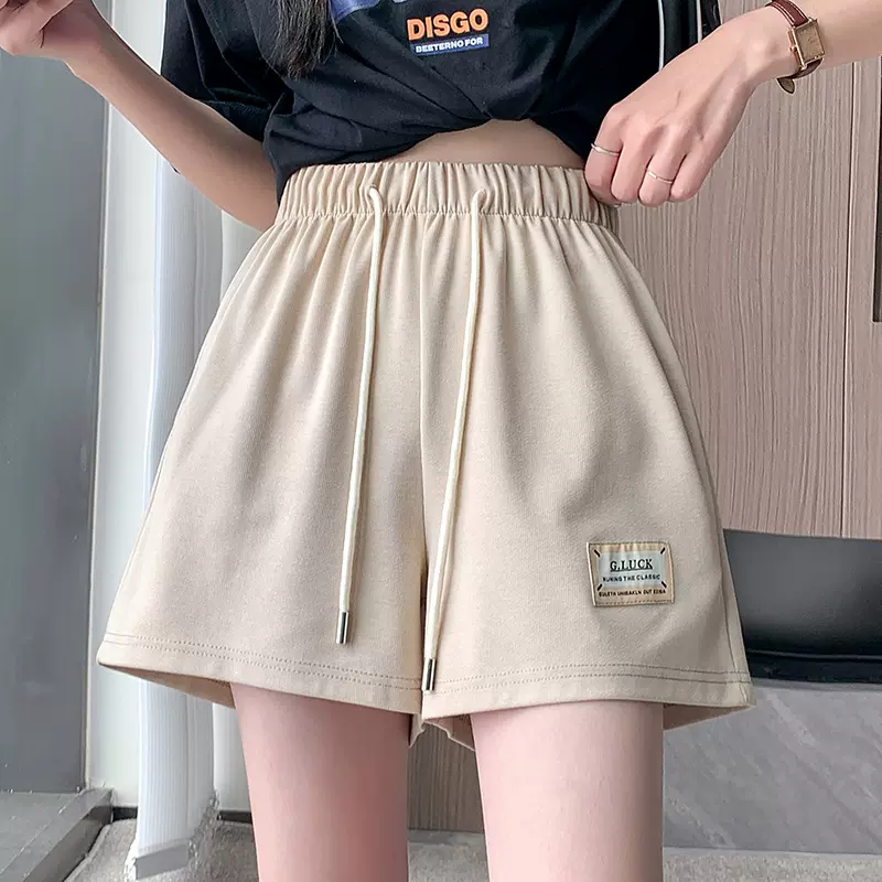 短裤女春夏季时尚百搭休闲高腰直筒贴标阔腿裤宽松运动五分裤微弹