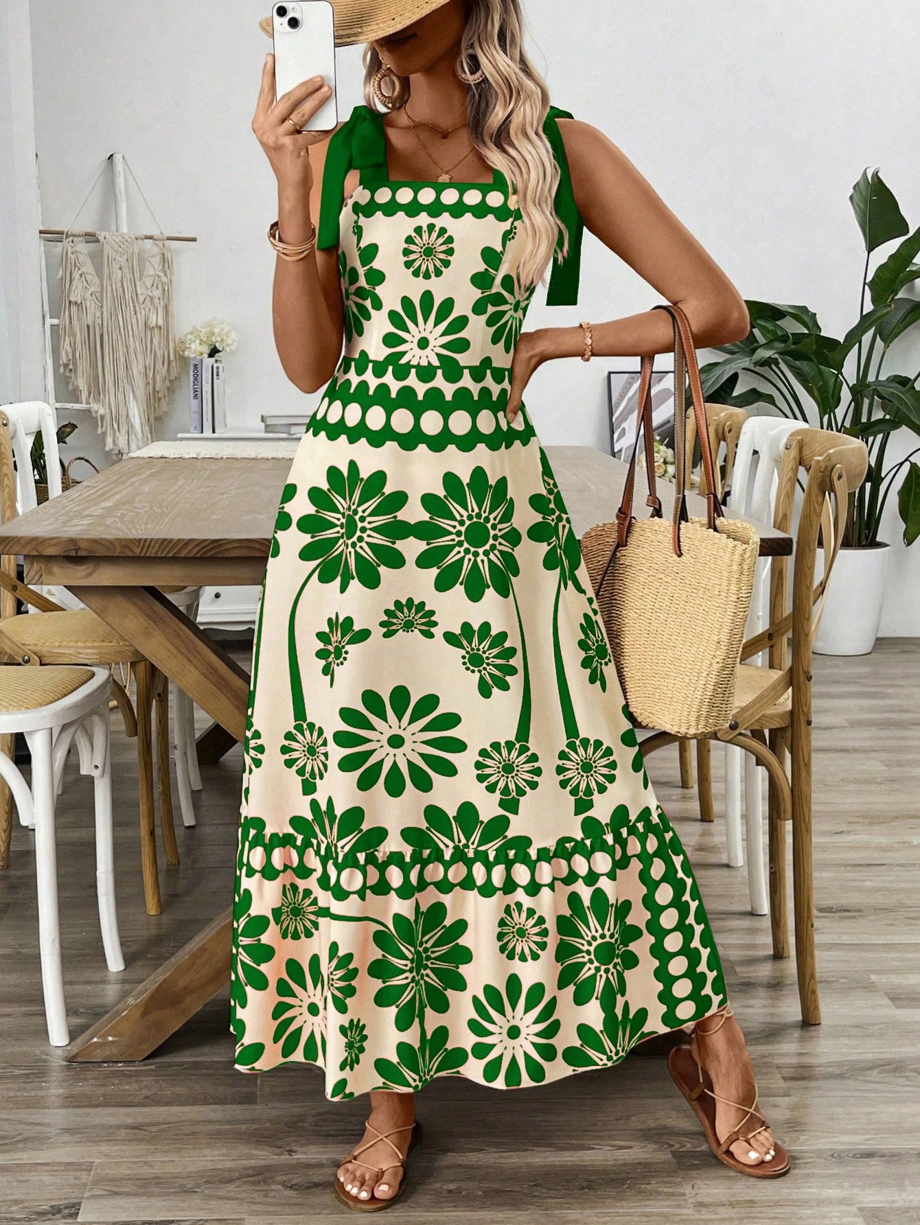 European American Foreign Trade Clothing Women's Bohemian Style With Floral Shoulder Straps And Tie-Up Long Dress_ecoleips.com