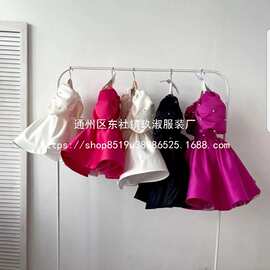 女童主持礼服珍珠泡泡袖公主蓬蓬裙玫红色儿童钢琴走秀舞蹈演出服