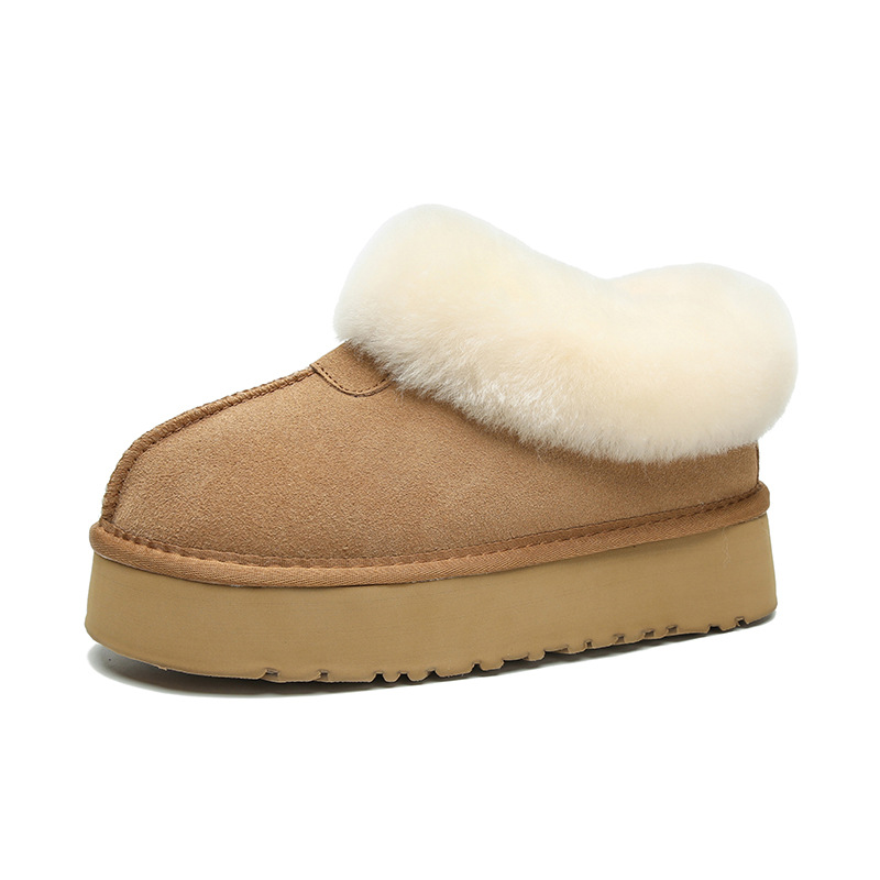 Novos sapatos de algodão quente com sola grossa e lã e botas de cano curto de couro e lã grossa_voghion.com