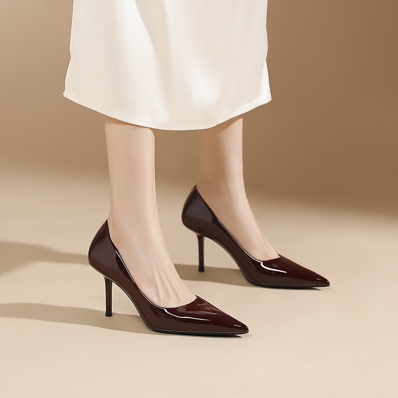 878-1 French Style Beautiful Pure Color Non-Tiring High Heels Women's Stiletto Pointed Toe Burgundy Sexy Professional Ol Shoes