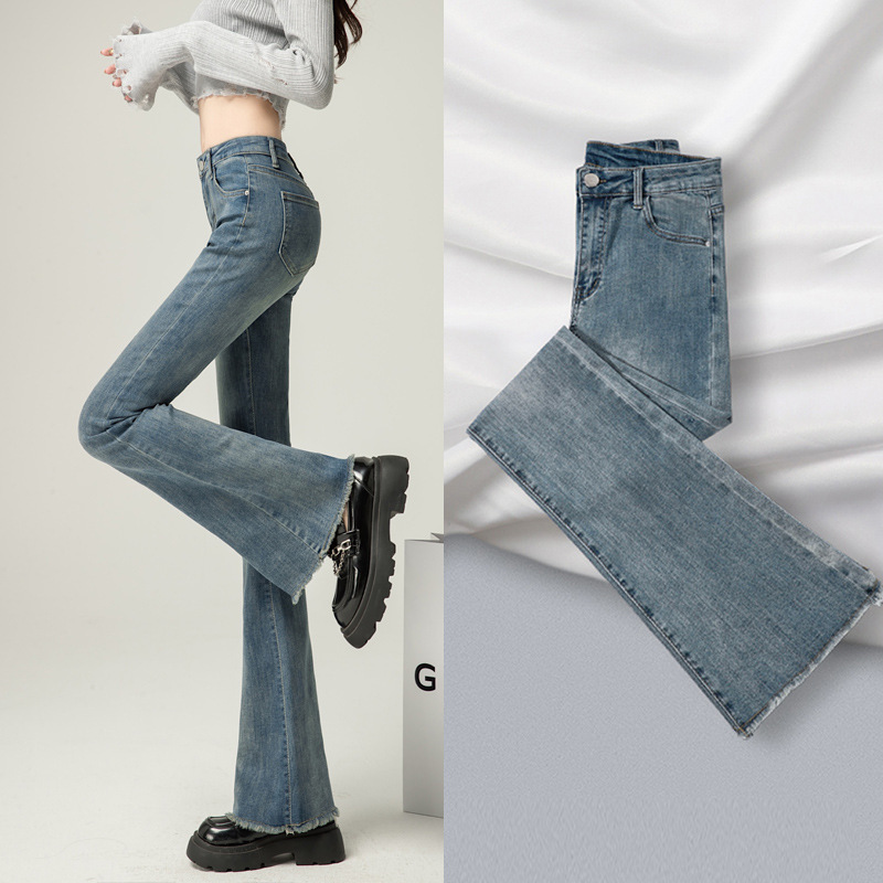 High-Waisted Flared Jeans for Women, Spring 2024 New Style, Slim Fit, Vintage, Elastic, Frayed Hem, Flared High-Waisted Flared Jeans for Women, Spring 2024 New Style, Slim Fit, Vintage, Elastic, Frayed Hem, Flared