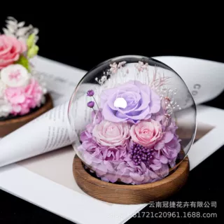 永生花玫瑰花成品球形玻璃罩摆件圣诞节情人节礼物礼盒亚马逊热卖
