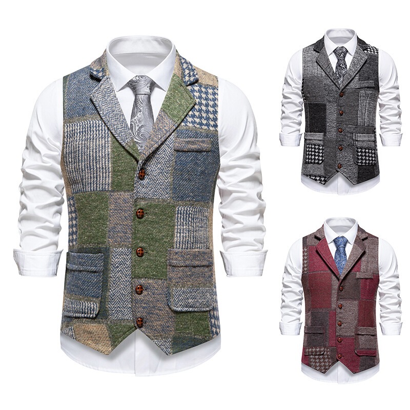 Amazon Foreign Trade Wholesale European Size Men's Retro Patchwork Lapel Men's Suit Vest Tweed Herringbone Vest