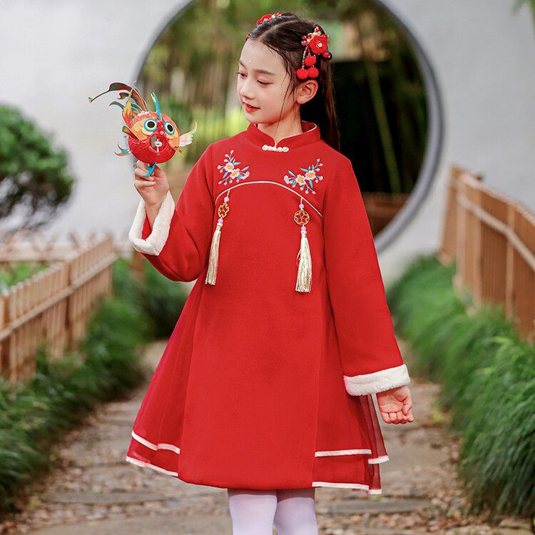女童旗袍唐装秋冬款2024新款时尚中国风拜年服红色复古长袖公主裙