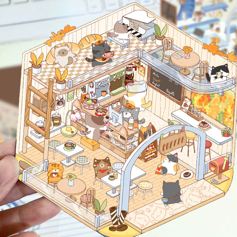 漫画造園ステッカー、さまざまなミニチュア世界 3D キャビン、リトルレッドブック減圧 DIY シーンハンドブックステッカー卸売 PET|undefined