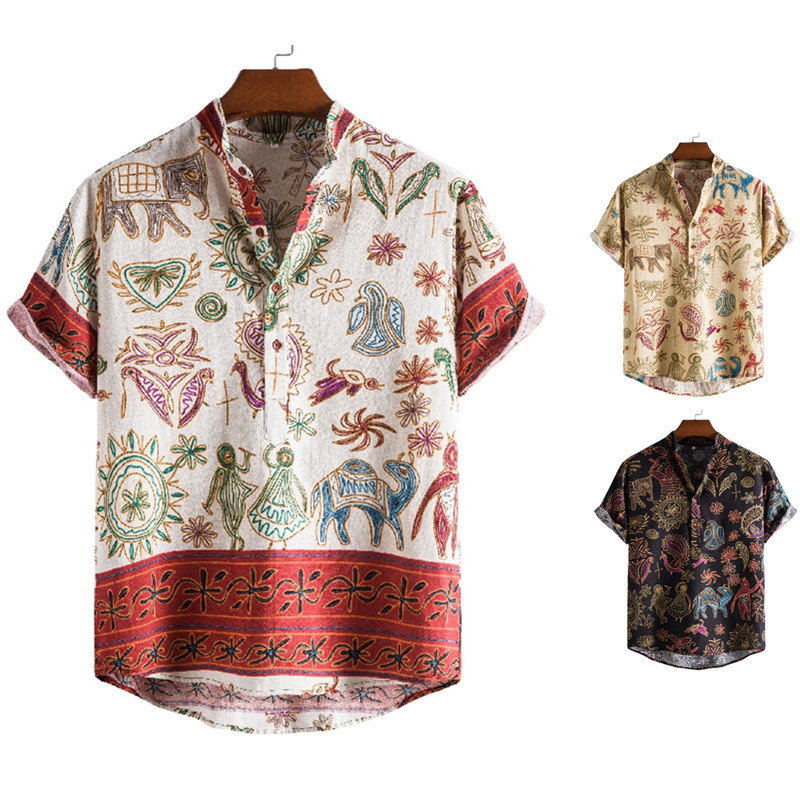 AliExpress 2021 new pattern Men's Stand collar Flax Short sleeved shirt Ethnic style printing shirt A generation of fat