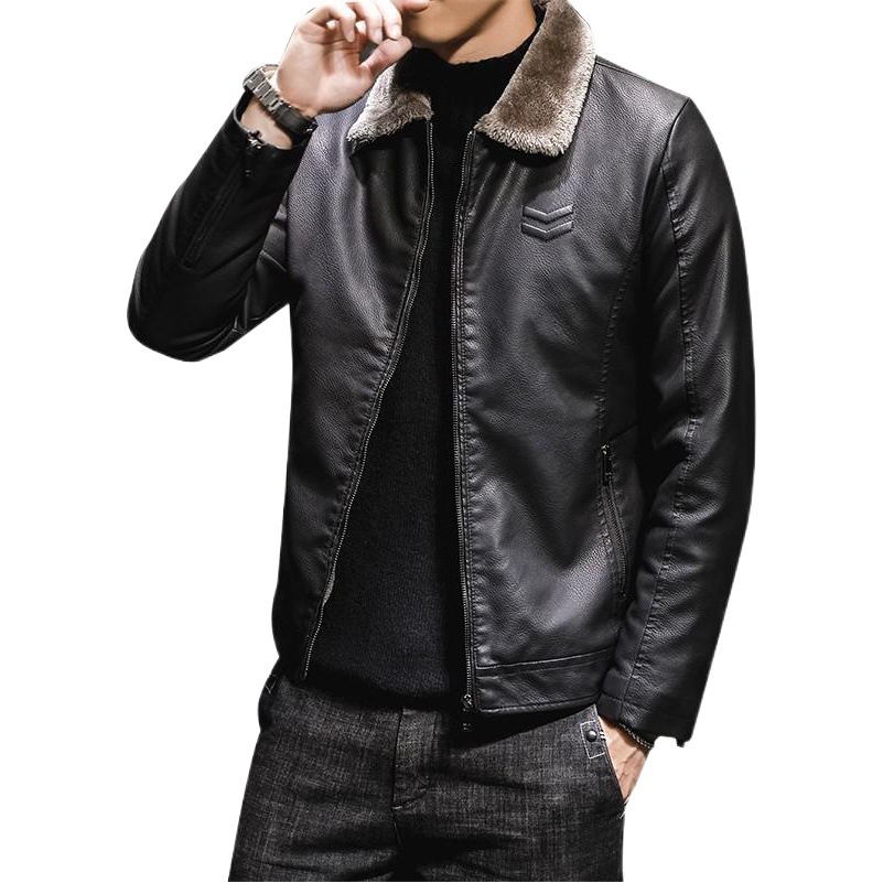 2019 nueva chaqueta de cuero para hombre solapa de mediana edad y anciano ropa de hombre forrada de lana engrosada Piel de moda