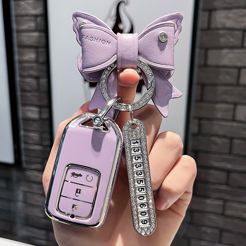 BT 키 유형 E - 스마트 4버튼 [단일 쉘 보라색] + 보라색 리본 다이아몬드 버클 + 실버 번호판