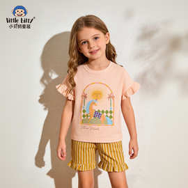 欧美26年春夏儿童短袖套装卡通独角兽圆领荷叶袖印花女童现货批发