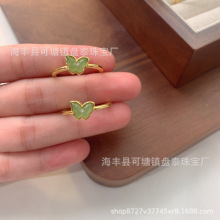 厂家批发 天然和田玉碧玉蝴蝶国潮风戒指 S925银镶嵌