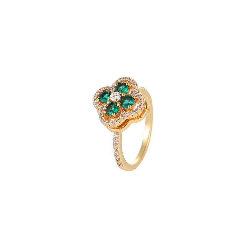 Rotating Four Leaf Clover Ring Green Zircon Fine Jewelry Gold_voghion.com