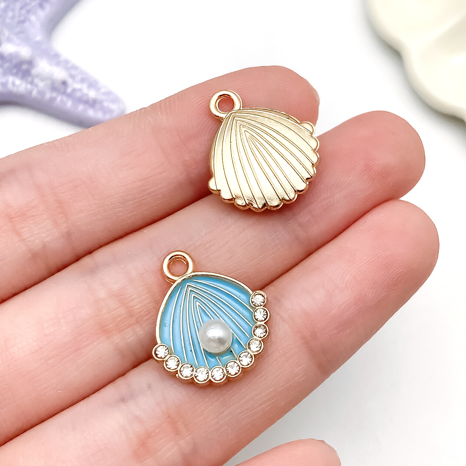 23460-MLN-kc湖蓝色滴油锌合金点钻海洋珍珠贝壳17