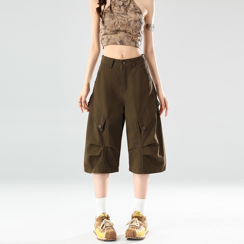 2026 Summer New Military Green Workwear Denim Mid-Length Pants for Women, American Style High-Waisted Loose Wide-Leg Cropped Pants