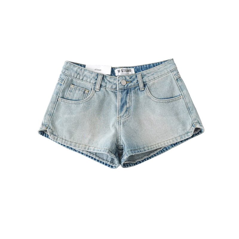 WS9260-25 Hot Girl Side Curved Split Low Waist Denim Shorts Retro Washed High Waist A- line Hot Pants