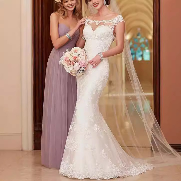 Foreign Trade 2025 Summer New One-Shoulder Lace Long-Sleeved Slim Dress Floor-Length Wedding Dress New Fishtail Skirt