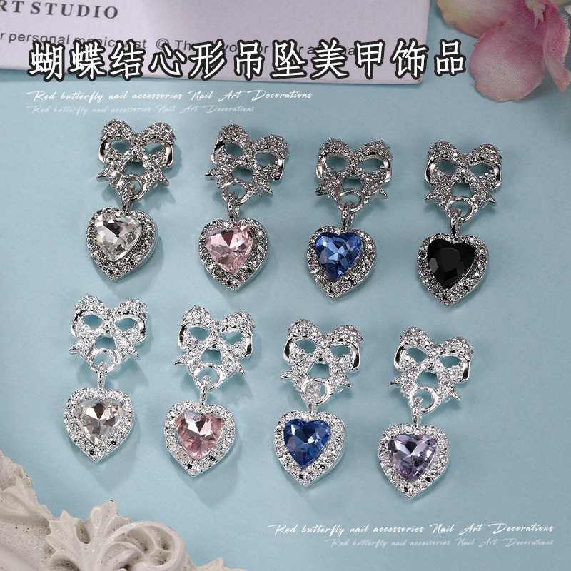Spring and Summer New Style Bow Peach Heart Pendant Nail Art Jewelry Elegant Sweet Diamond Nail Peach Heart Bow Jewelry