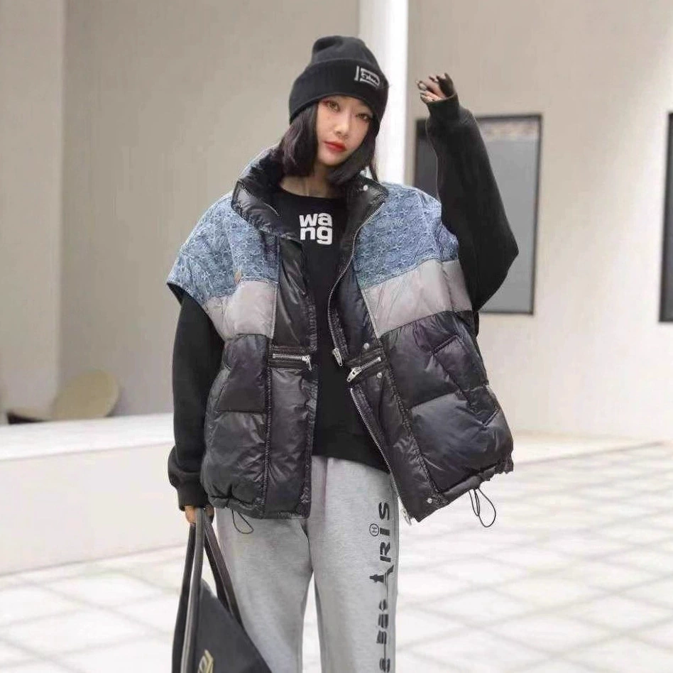 2025秋冬新款撞色立领韩版时尚宽松羽绒马甲百搭女新50白鸭绒外套