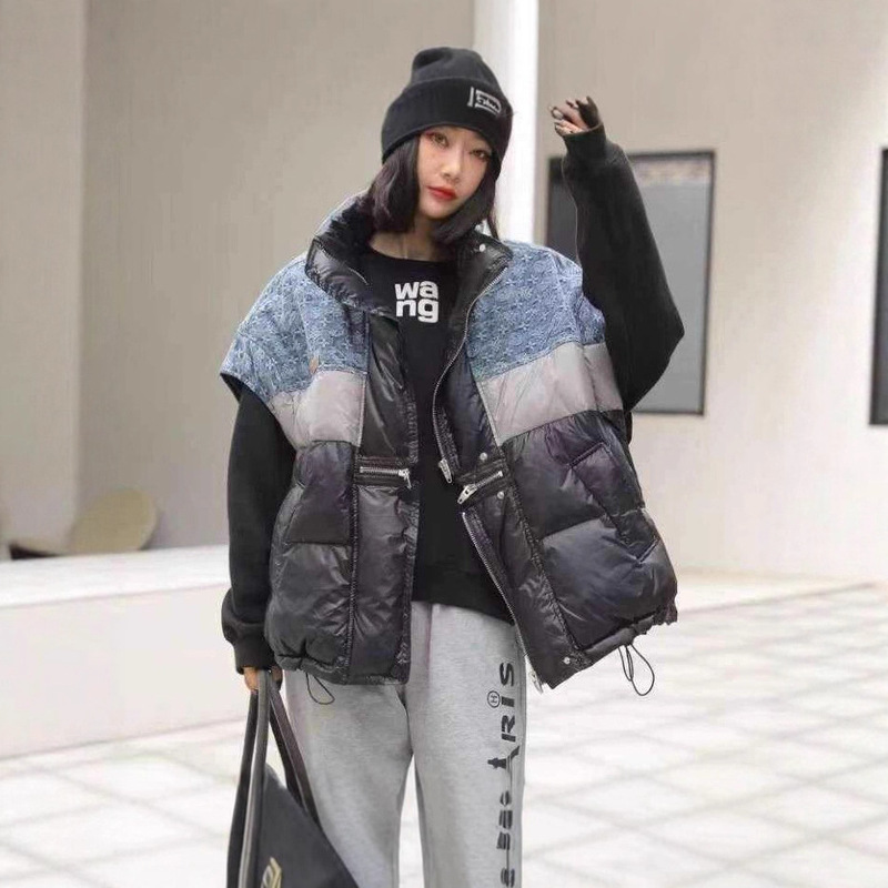 2025 Autumn/Winter New Color-Block Stand Collar Korean Style Fashion Loose down Vest Versatile Women's New 50% White Duck down Jacket