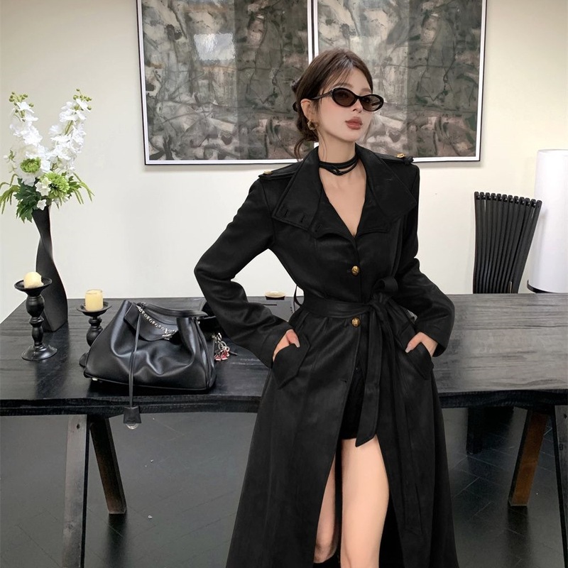 韩系时尚立领系带黑色皮衣风衣外套女秋冬大衣气质高级感长款外套|undefined