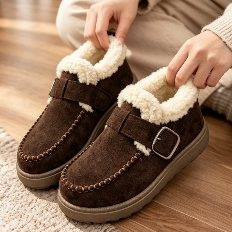 2026 Winter New Fleece-Lined Snow Boots for Women, Retro Buckle Fur Short Boots, Warm Cotton Shoes for Outdoor Wear, Cross-Border