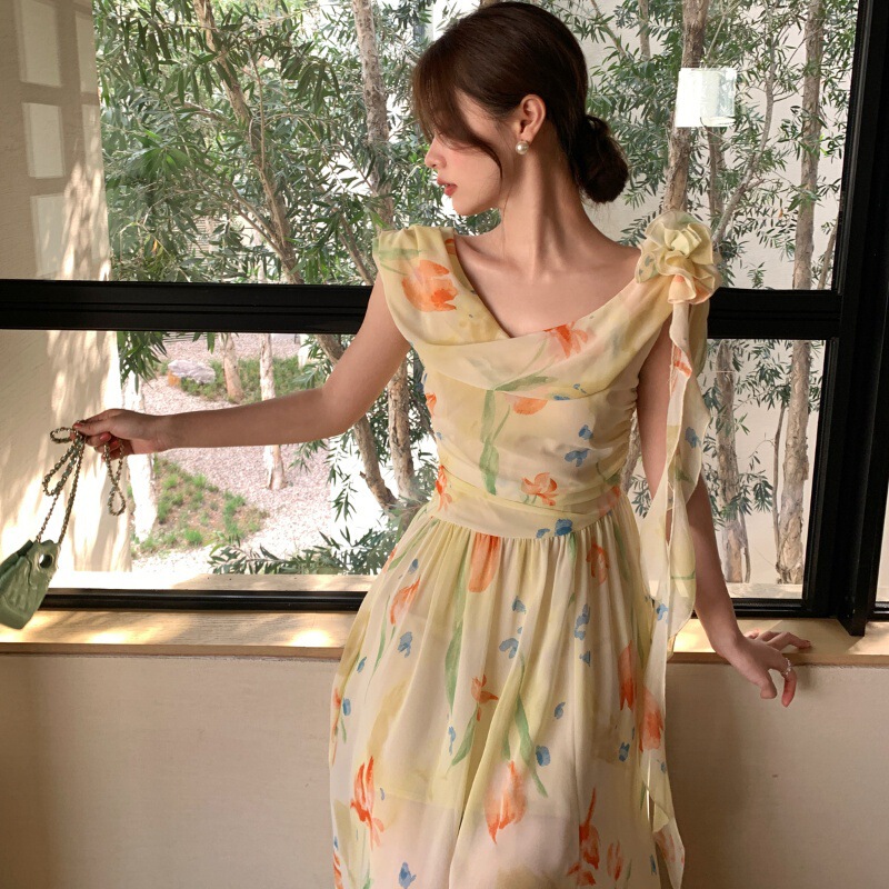 Interpretation of Beauty Newopen Thirteen Lines Summer French Pastoral Pure Desire Temperament Waist Floral Dress Women S0921