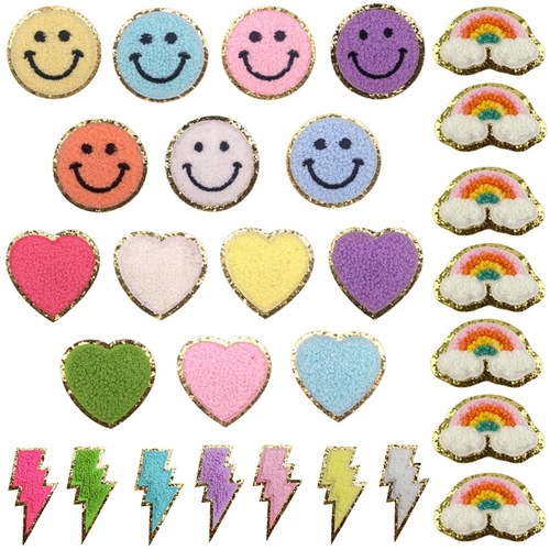 Cross-border hot selling smiley face love star lightning flash gold edge wool cloth embroidered adhesive self-adhesive patch patch