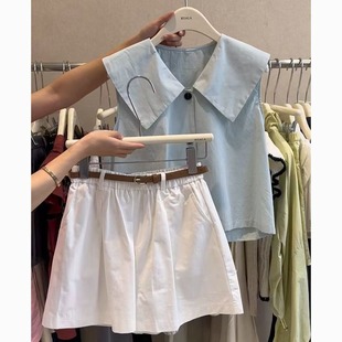 plus size Women's Clothing 2025 Summer New chubby girl Korean Style Elegant Slim Blue Top High Waist Shorts Two-Piece Set
