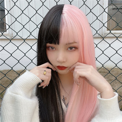 Cosplay wig for women, black and white double yin yang head, comic bangs, waist-length straight hair, female costume enthusiast wig set