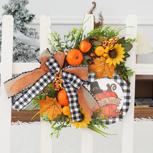 Cross-border New Pumpkin Wooden Decorations Thanksgiving Simulation Sunflower Autumn Garden Wreath Plant Wall Hanging Arrangement