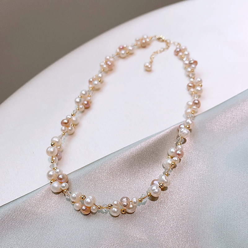 カラフルな淡水パールステッチブレスレット女性デザインクリスタルラップパールネックレスファッションブレスレットネックレスセット|undefined